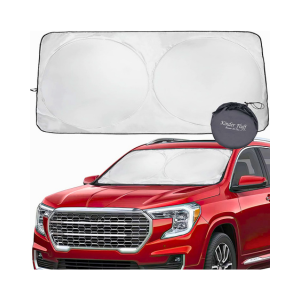 Kinder Fluff Car Windshield Sun Shade with Storage Pouch | The only Certified Foldable Sunshade Proven to Block 99.87% UV Rays | Sun Heat Protection & Car Interior Cooler Accessories (Large)