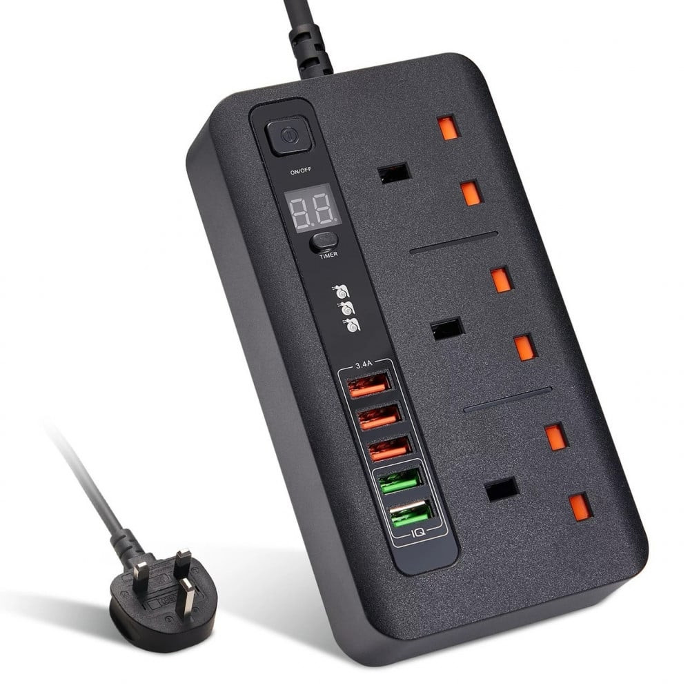 3 Meter Smart Electrical Plug with On Timer and 5 USB Ports Support Fast Charging Black Color