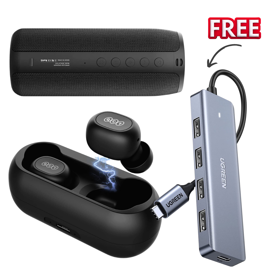 UGREEN USB C Hub, 4 Ports USB C Adapter Type C Hub to USB 3.0 Extention-Portable BT Speaker Outdoor 10W Connection High Quality-QCY EARPHONE BLUETOOTH QCY T1C BLACK, SMALL