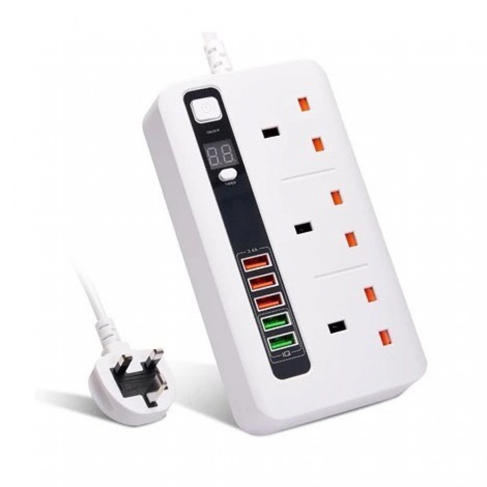 3 Meter Smart Electrical Plug with On Timer and 5 USB Ports Support Fast Charging White Color
